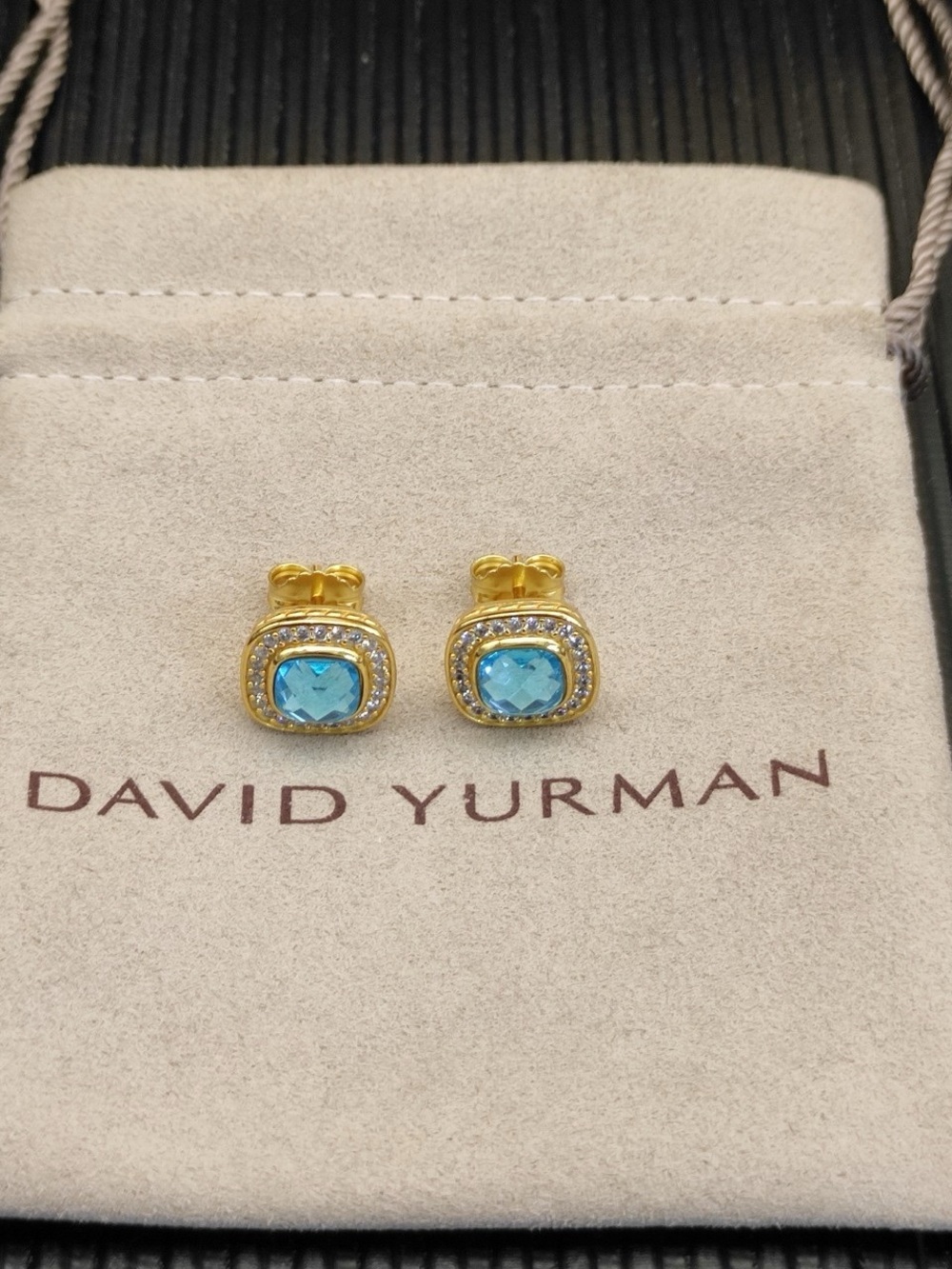 David Yurman Gold Blue Topaz Halo Studs with Pavé